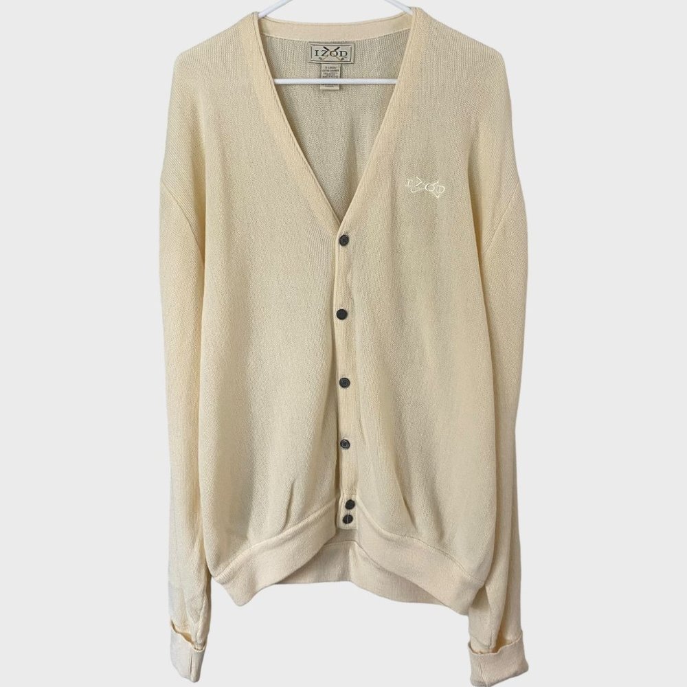 Vintage IZOD V-Neck Button-Front Golf Cardigan Mens XL Cream Long-Sleeve Sweater